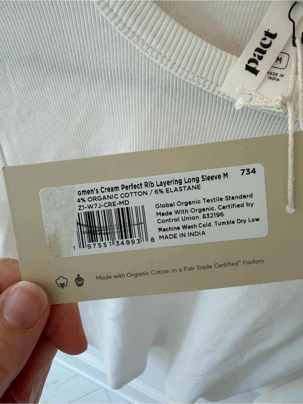NWT Pact Perfect Rib Layering Long Sleeve Cream Organic Cotton Medium - Picture 5 of 6